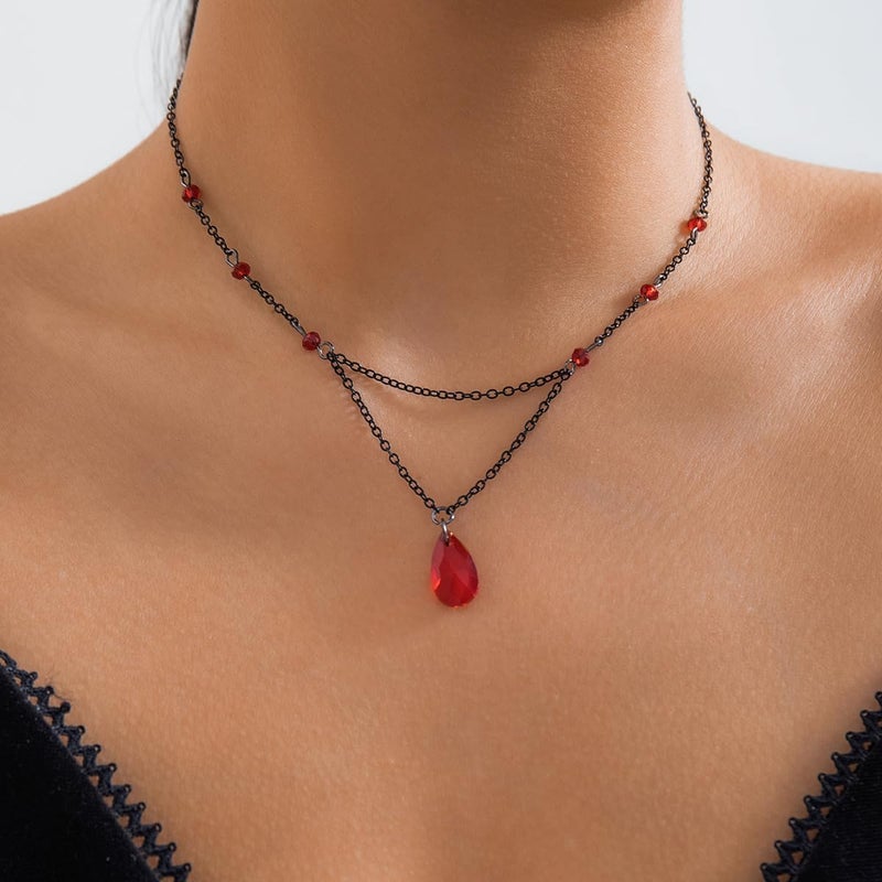 Cicod Gothic Y Necklace,Goth Black Red Crystal Bead Teardrop Necklace,Punk Y Necklace,Halloween Christmas New Year Jewelry Vampire Accessories for Women - Image 2